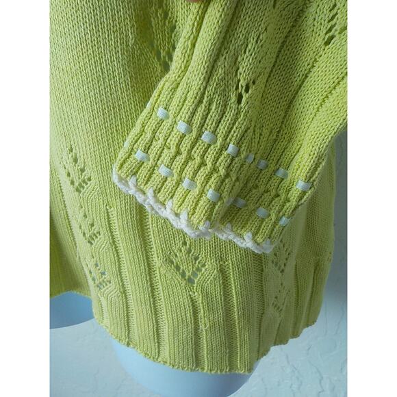 Sigrid Olsen Green Silk Knit V-Neck Sweater Crochet n Ribbon Accent Women Small - Picture 3 of 12